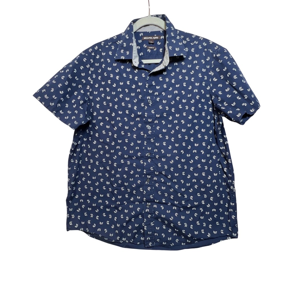 Michael Kors Mens Navy Blue White Arrow Print Short Sleeve Button Down Shirt L